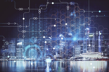 Data theme hologram drawing on city view with skyscrapers background multi exposure. Ai concept.