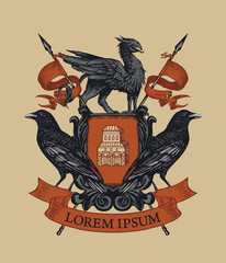Fototapeta premium Vector heraldic Coat of arms with ravens, griffin, spears, ribbon and knightly shield with castle. Medieval heraldry, emblem, sign, symbol. Hand-drawn illustration in vintage style