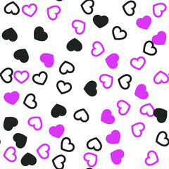 Chaotic pink and black hearts on white background. Seamless vector romantic love valentine pattern. For fabric, textile, design, cover, banner.