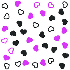 Fototapeta premium Chaotic pink and black hearts on white background. Seamless vector romantic love valentine pattern. For fabric, textile, design, cover, banner.
