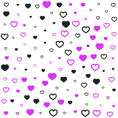 Chaotic pink and black hearts on white background. Seamless vector romantic love valentine pattern. For fabric, textile, design, cover, banner.