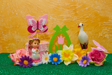 figurine of a girl in flowers,spring scenery girl with a stork in flowers, with the holiday of spring and March 8