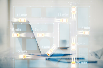 Desktop computer background in office with automobile hologram drawing. Multi exposure. Tech...