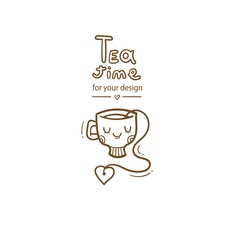 Сard with cute cartoon mug and tea. Funny drink print. Anthropomorphic tableware poster. Vector doodle illustration. Cheerful hand drawn сup.