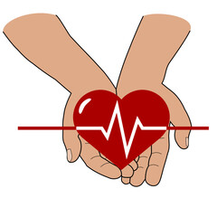 human hands hold in open palms a red heart with a pulse line symbol vector on a white background isolated