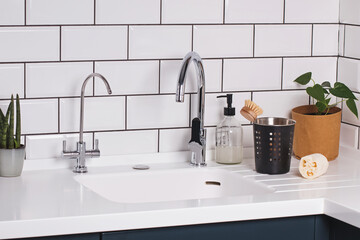Fototapeta na wymiar Modern minimal style kitchen with wite tile