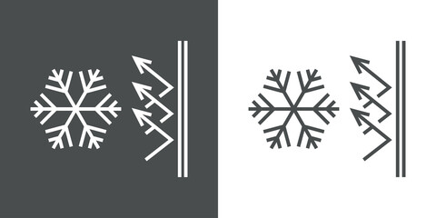 Proteger del frío. Icono con copo de nieve y flechas con pared en lineas en fondo gris y fondo blanco © teracreonte