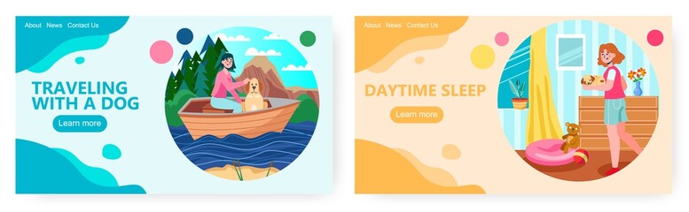 Girl brings sleeping dog to her bed. Home pet concept vector illustration. Woman travels by boat with her puppy dog