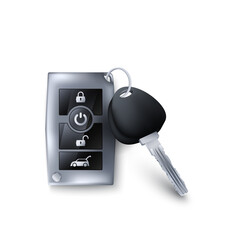 Cars key with control buttons. Modern realistic metallic cars key. Vector illustration