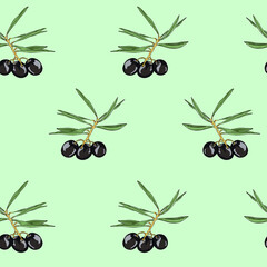 Seamless pattern with sprigs of olive tree. Black olives on a branch with leaves. Background on the theme of cooking for kitchen decoration. Wallpaper for Italian or Greek interiors