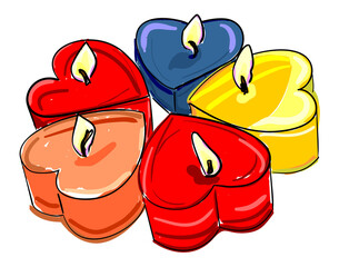 Illustration on the theme of love. Image of holiday candles of different colors in the shape of hearts. The candles are arranged in a circle and the flame burns. Romantic sketch for Valentine's Day.