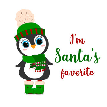 Vector illustration cute cartoon penguin. Perfect for greeting cards, party invitations, posters, stickers. Merry Christmas and Happy New Year. Lettering 