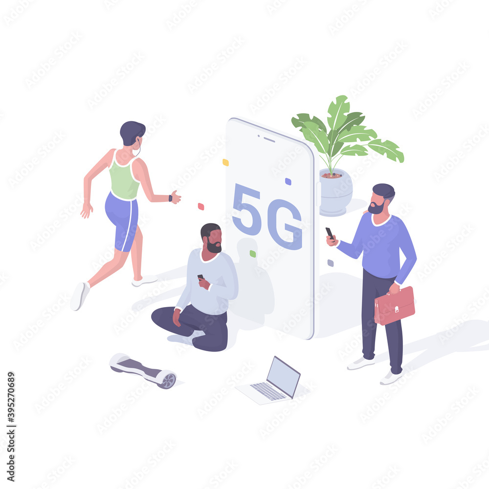 Poster people communicate online using 5g isometric vector. male characters with smartphones test new netwo