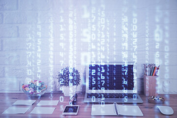 Multi exposure of desktop with personal computer and tech theme drawing. Concept of Bigdata.