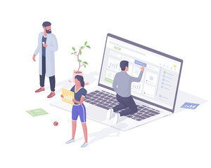 People working with cloud service isometric concept. Male characters analyzing information from web storage.