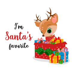 Vector cute little deer illustration. Perfect for greeting cards, party invitations, posters, stickers. Merry Christmas & Happy New Year. Lettering I'm Santa's favorite