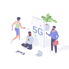 People communicate online using 5g isometric vector. Male characters with smartphones test new network connection speed.