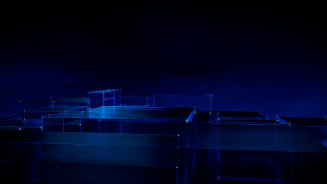 Futuristic, High Tech, blue platform background, with network lines conveying a connectivity concept. 3D render