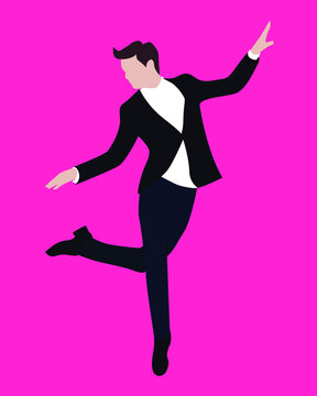 A man in a suit dancing alone and jumping