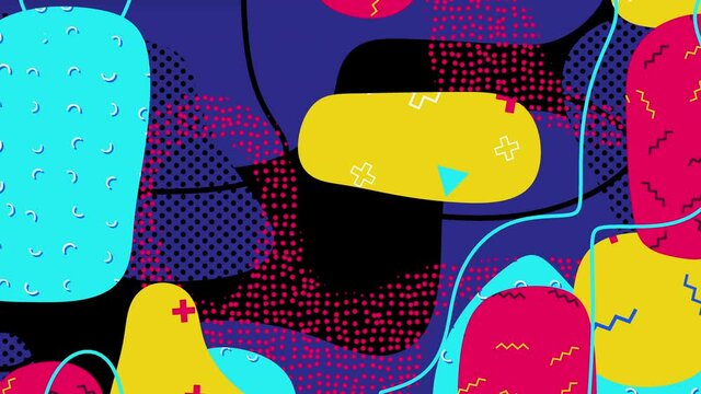 90s style looping animated abstract background. Colourful moving shapes, lines, dots, semi-circles, plus and zigzag symbols. Black, blue, yellow, pink. Fun retro 80's-90's Memphis Design animation.