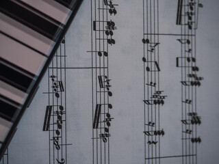 A closeup view of a page showing music notes and keyboard. Music concept