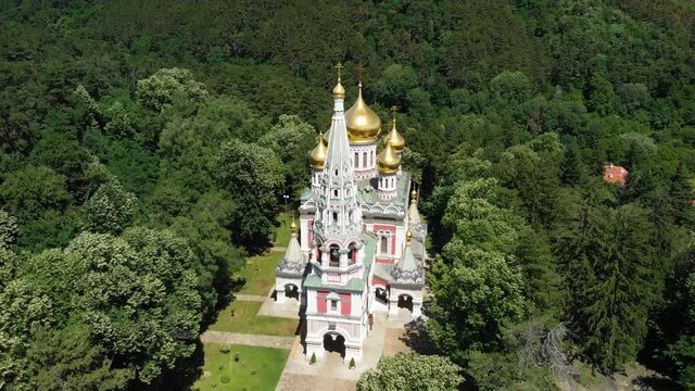 Aerial View Of Shipka Memorial Church In Bulgaria In Muscovite Style. - Drone Descend