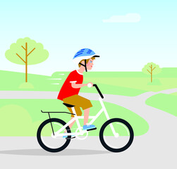 A boy wearing a helmet and riding a bike in the park. vector