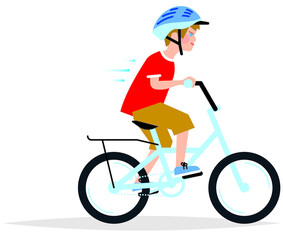 Little boy wearing bike helmet riding a bicycle. Vector