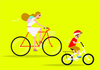 Fototapeta premium Mother and a child riding bicycles in the park.