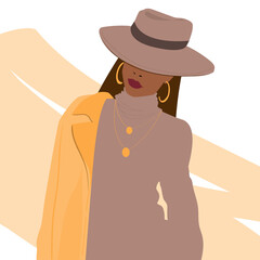 Portrait of a girl in a hat. Vector illustration in flat style. Fashion girl