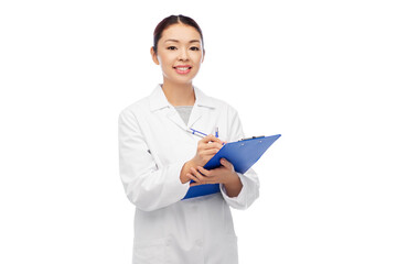 medicine, profession and healthcare concept - happy smiling asian female doctor or scientist in lab coat with clipboard and pen over white background