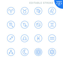 Zodiac related icons. Editable stroke. Thin vector icon set