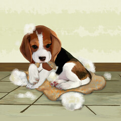 Un cucciolo di Beagle rosicchia e riduce a brandelli un cuscino. Dipinto.