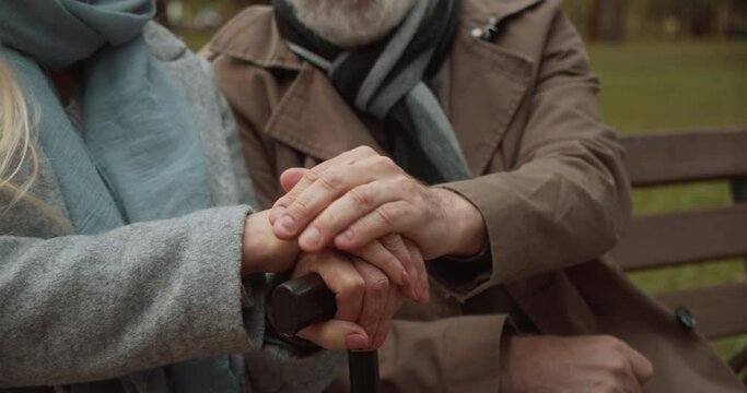 Caring husband holding wife's hand on walking stick, support in senior age, love