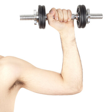 Slim arm lifting dumbbell, isolated on white backgrund.