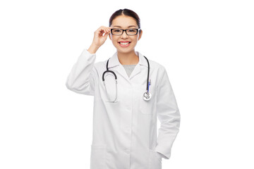 medicine, vision and healthcare concept - happy smiling asian female doctor in glasses and white coat