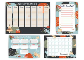 Winter Planner with geometric Christmas Decoration. New Year Bucket List in abstract background. Weekly To Do List on trend pastel color pattern. December Calendar for month for planner or notebook.