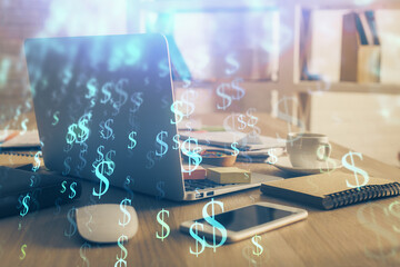 Financial chart drawing and table with computer on background. Double exposure. Concept of...