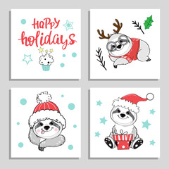 Christmas and New Year cards set with funny sloth bears. Vector cartoon illustration for winter holidays