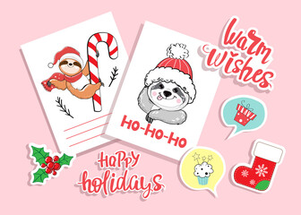 Christmas and New Year cards set with funny sloth bears. Vector cartoon illustration for winter holidays. Fashion patch badges © Lucky Project