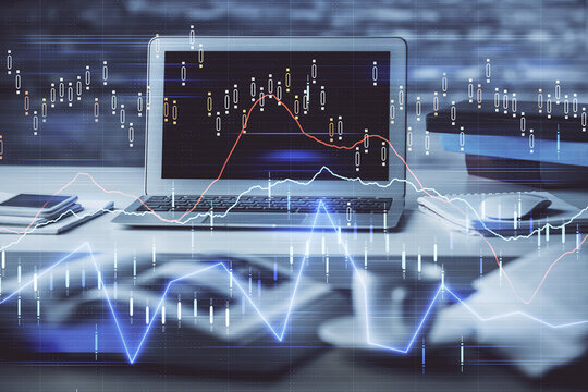 Multi exposure of forex graph and work space with computer. Concept of international online trading.