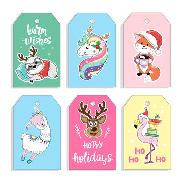Christmas cards with funny animals. Unicorn, llama, fox and Christmas deer. Vector illustration