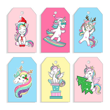 Christmas cards with funny unicorn. Vector cartoon illustration