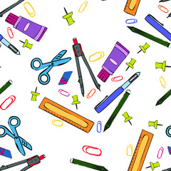 COLORED pen pencil ruler compass paper clip eraser glue seamless pattern