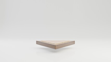 Levitating triangle wooden podium with gold top isolated on white background.
