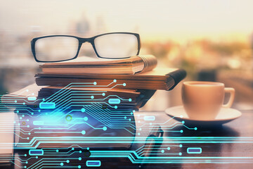 Data tech hologram with glasses on the table background. Concept of technology. Double exposure.