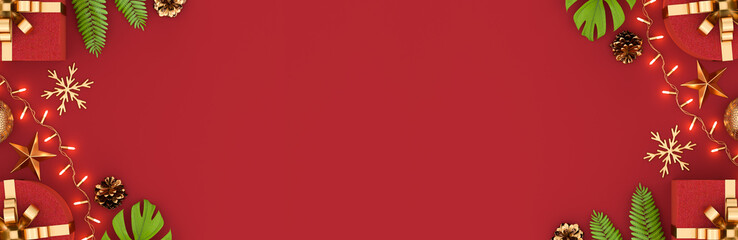 Christmas and new year concept background. decorated with a gift boxes and Christmas ornaments. Copy Space for text and presentation. 3D illustration