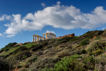 Cape Sounion and archaic-period temple of Poseidon (Lavreotiki municipality, East Attica, Greece).