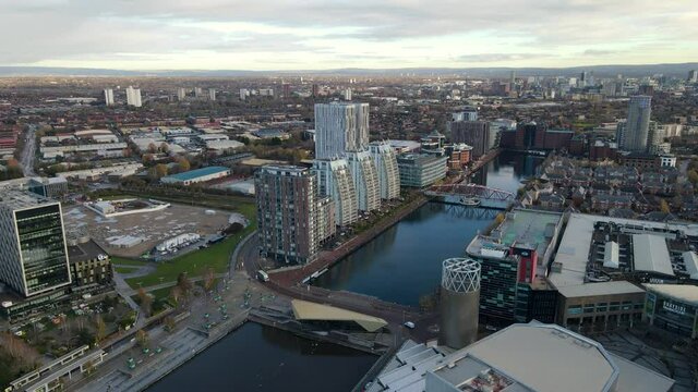 Drone shot of Salford Quays, Media city, Manchester