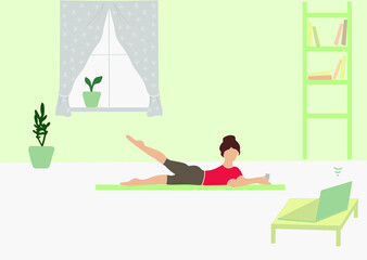 The girl is engaged in physical education at home. Stay home and learn something new. Lessons on the video lessons. Sports lifestyle in quarantine.
